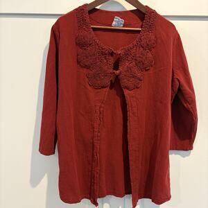 Dunes Relaxed Fashion Top Women M 2 Red Cardigan Lagenlook Boho Hippie Crinkle